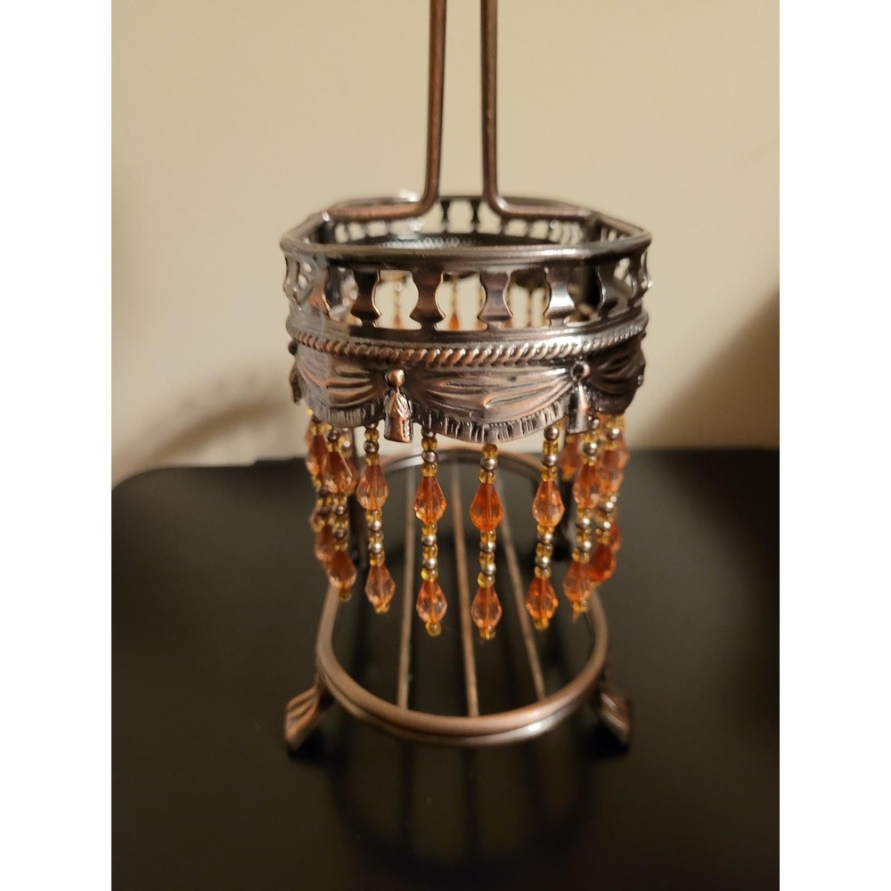 Wine Bottle Caddy Victorian Ornate Metal Beaded Fringe Bronze Scroll Barware - Picture 3 of 6